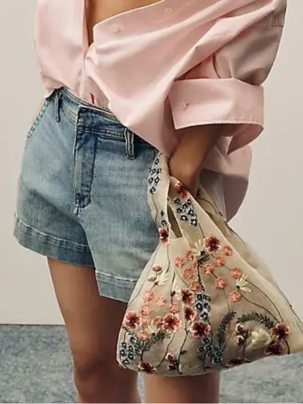 Anthropologie Embroidered Floral Mini Tote in Cream and Pink